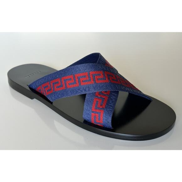 NIB Versace Greca Crisscross Blue/Red Slides Sandals 8.5 US (41.5 Euro) 1006273 - Picture 2 of 12